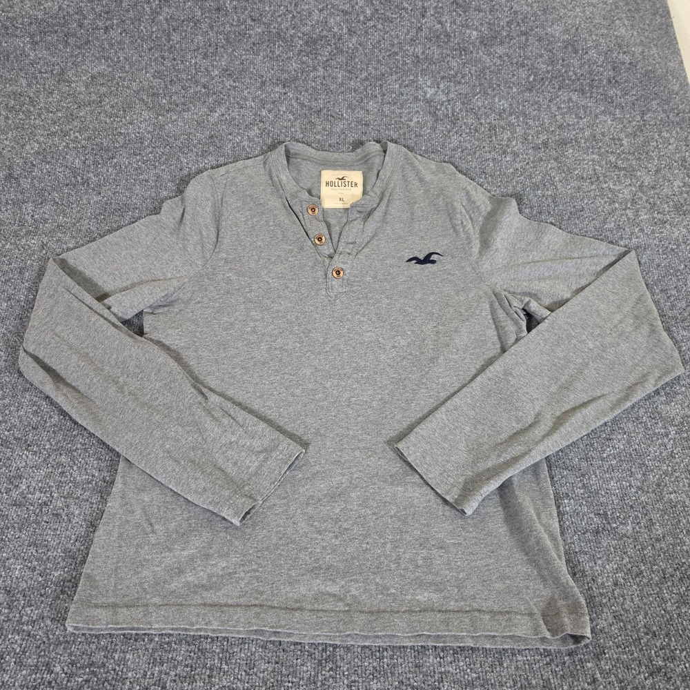 2000s Hollister Mens XL Gray Long Sleeve Henley Shirt Embroidered Logo Casual